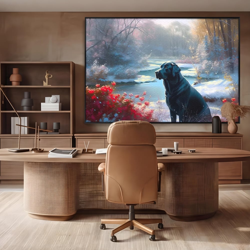 Tablou canvas cu tablou canvas cu labrador negru pe malul unui lac inzapezit, in rama de aluminiu negru, pe perete intr-un birou